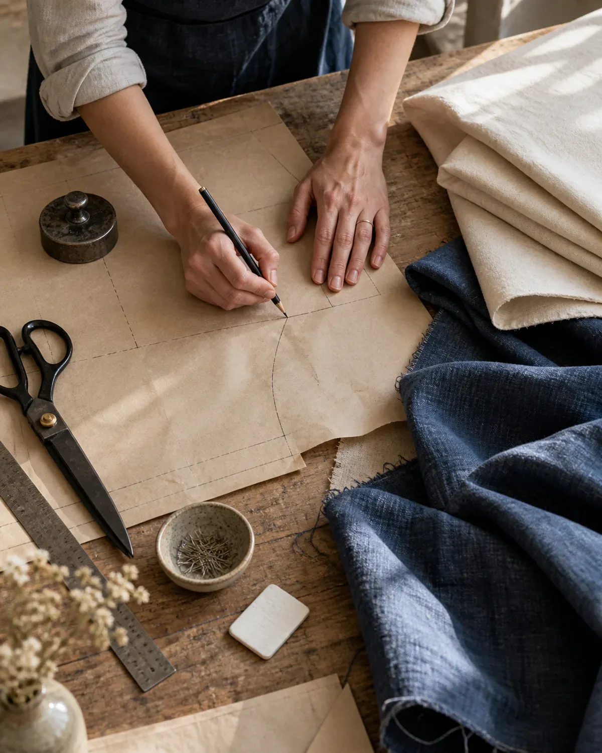 Mains dessinant un patron sur papier, à côté de toiles écrue et indigo ; scène illustrative générée